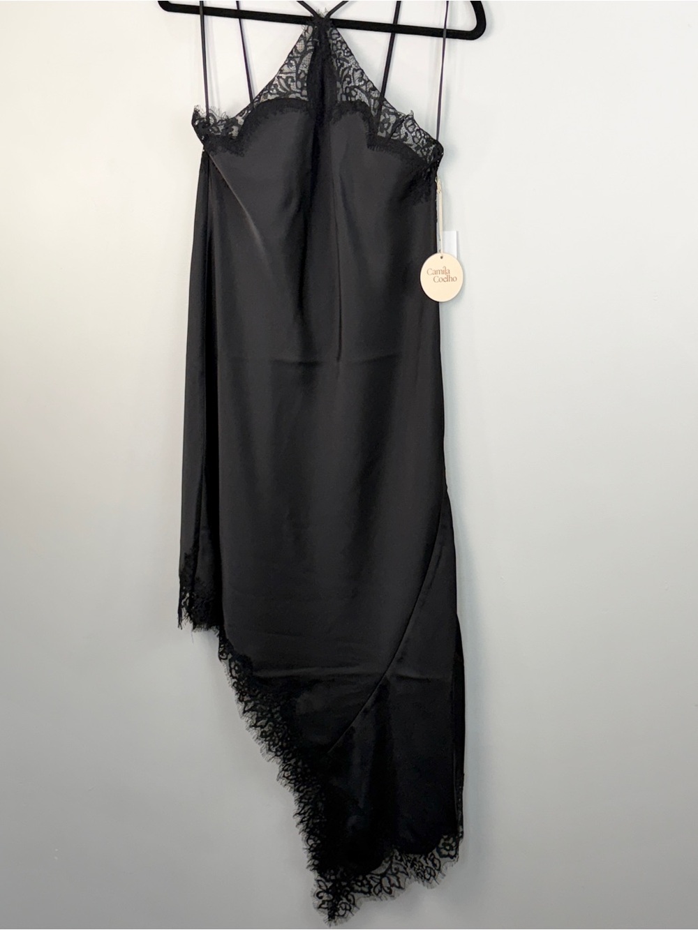 NWT REVOLVE Camila Coelho black satin lace silky asymmetrical slip dress M - Picture 3 of 14